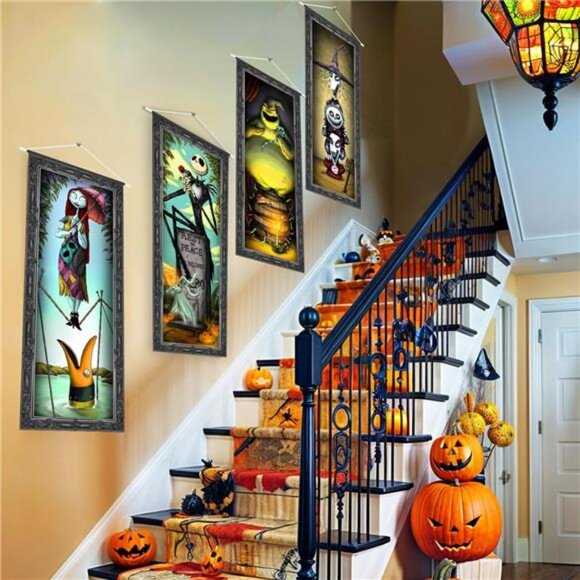 4 Packs Jack Sally Banners Porch Signs Halloween Decor Christmas Nightmare - Picture 2 of 7